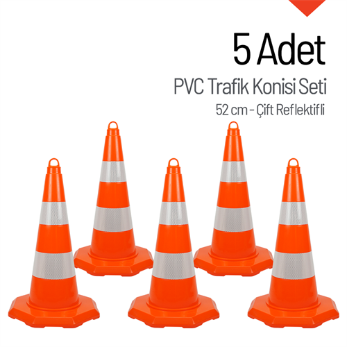 5 Adet PVC Trafik Konisi 52 cm Çift Reflektifli - Ağırlıksız Trafik Dubası Seti