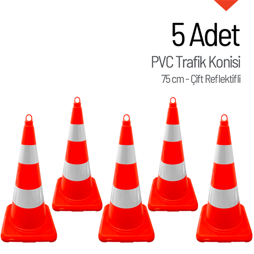 5 Adet PVC Trafik Konisi 75 cm Çift Reflektifli Trafik Dubası