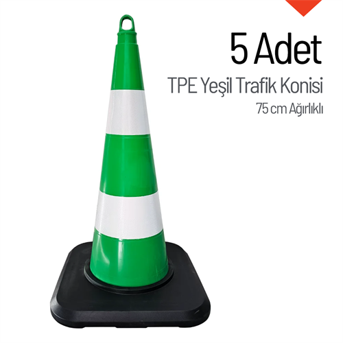5 Adet TPE Yeşil Trafik Konisi 75 cm Ağırlıklı Çift Reflektifli Trafik Dubası
