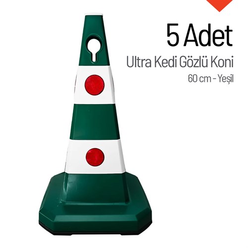 5 Adet Ultra Kedi Gözlü Koni Yeşil Ağırlıklı 60 cm Trafik Dubası