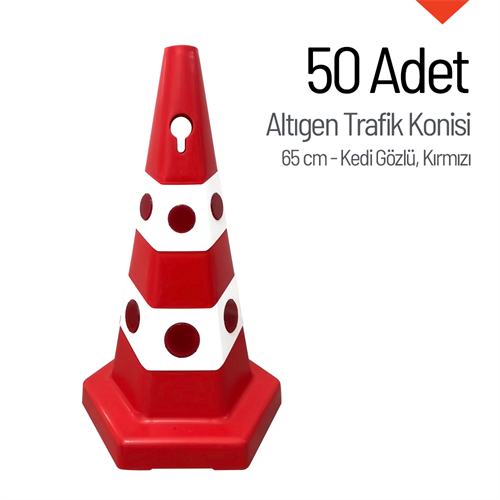 50li Kedi Gözlü Kırmızı Altıgen Trafik Konisi Seti 65 cm Trafik Dubası