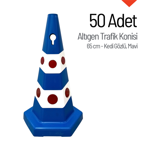 50li Kedi Gözlü Mavi Altıgen Trafik Konisi Seti 65 cm Ağırlıklı Trafik Dubası