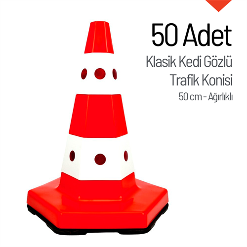 50li Klasik Kedi Gözlü Trafik Konisi Seti 50 cm Ağırlıklı Trafik Dubası