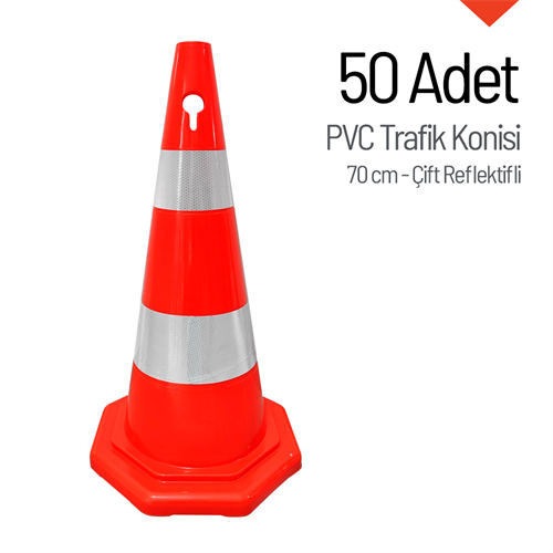 50li PVC Trafik Konisi Seti 70 cm Çift Reflektifli Sekizgen Trafik Dubası