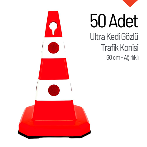 50li Ultra Kedi Gözlü Trafik Konisi Seti Ağırlıklı 60 cm Trafik Dubası
