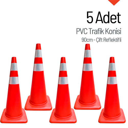 5li PVC Trafik Konisi Seti 90 cm Çift Reflektifli 
