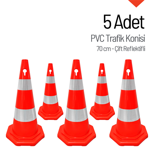 5li PVC Trafik Konisi Seti 70 cm Çift Reflektifli Sekizgen Trafik Dubası
