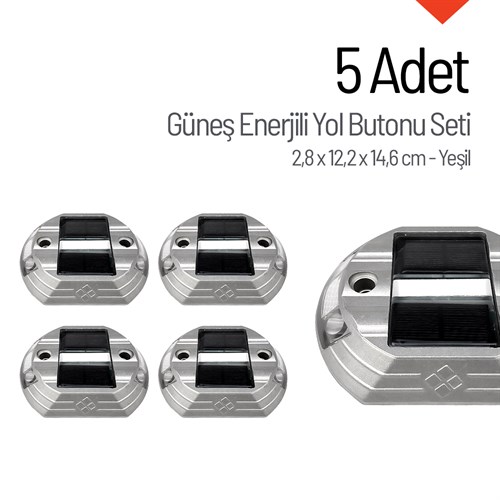 5li Set Güneş Enerjili Yol Butonu Yeşil, Solar Çakar Buton