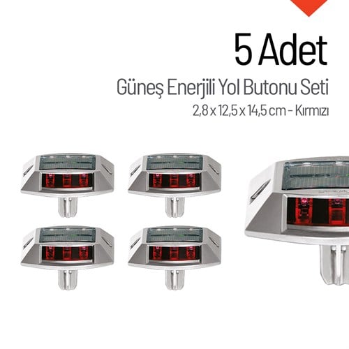 5li Set Kırmızı Güneş Enerjili Çakar Yol Butonu, Ankrajlı