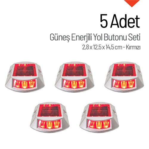 5li Set Kırmızı Solar Yol Butonu 3+3 Ledli