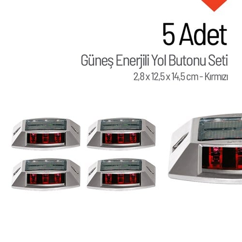 5li Set Kırmızı Solar Yol Butonu 3x3 Ledli