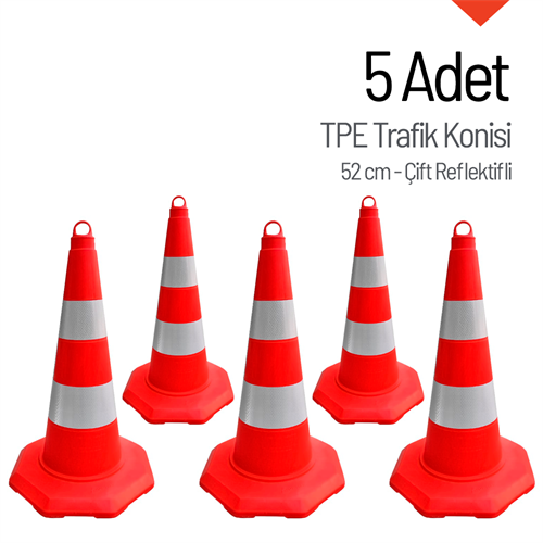 5li TPE Trafik Konisi Seti 52 cm Çift Reflektifli - Ağırlıksız Trafik Dubası