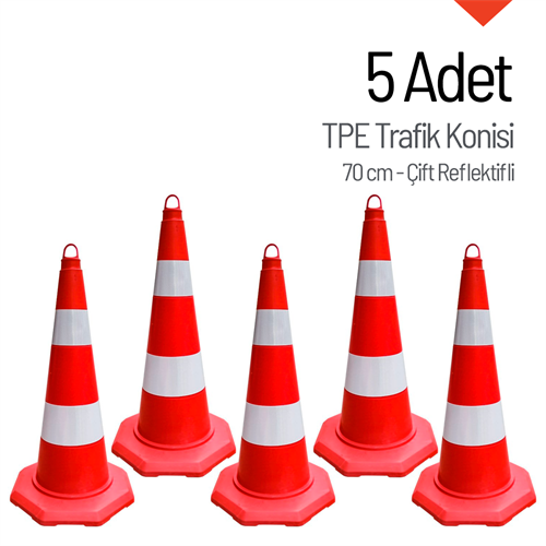 5li TPE Trafik Konisi Seti 70 cm Çift Reflektifli - Ağırlıksız Trafik Dubası