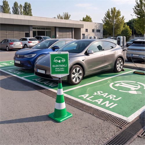 Elektrikli Araç Şarj İstasyonu Levhalı Yeşil Trafik Konisi Seti