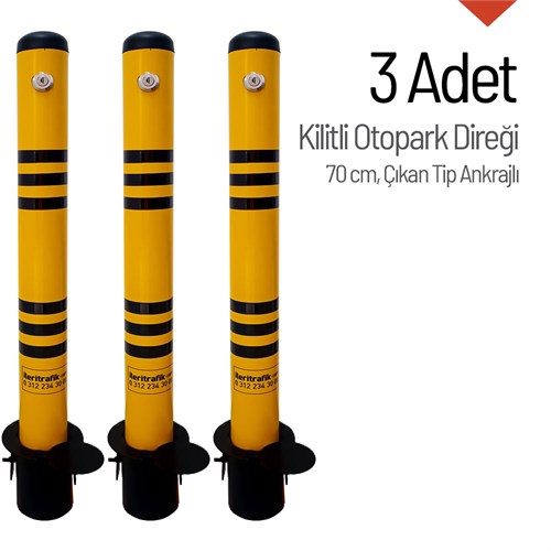 Kilitli Otopark Direği 70 cm, Çıkan Tip Ankrajlı Park Bariyeri 3 Adet