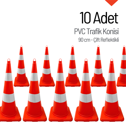10 Adet PVC Trafik Konisi 90 cm Çift Reflektikli - Ağırlıksız Trafik Dubası
