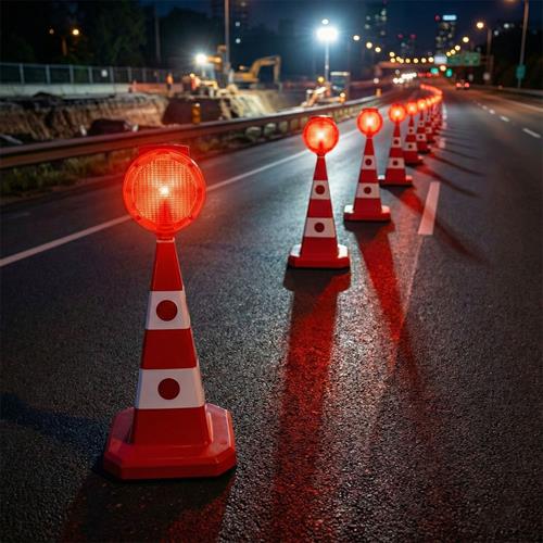 Solar Kırmızı Yuvarlak Flaşörlü Ultra Kedi Gözlü Trafik Koni Seti Trafik Dubası