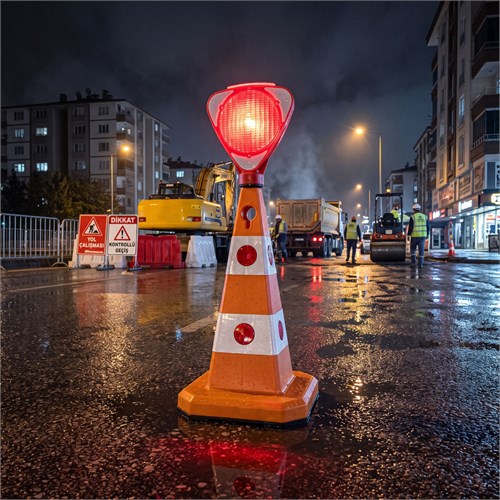 Üçgen Solar Kırmızı Flaşörlü Sarı Trafik Konisi Seti