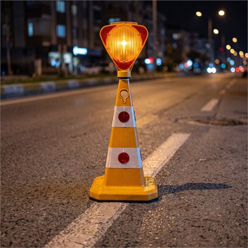 Üçgen Solar Sarı Flaşörlü Sarı Trafik Konisi Seti