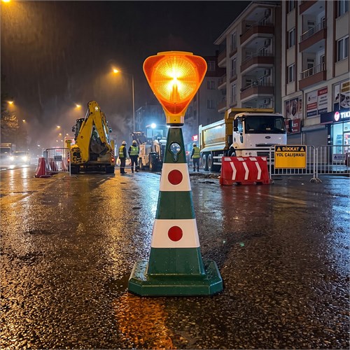 Üçgen Solar Sarı Flaşörlü Yeşil Trafik Konisi Seti
