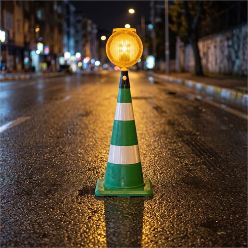Yuvarlak Solar Sarı Flaşörlü 75 cm Yeşil Trafik Konisi Seti