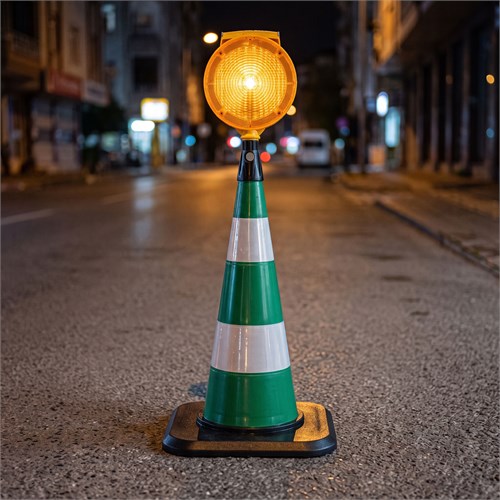 Yuvarlak Solar Sarı Flaşörlü Ağır Taban 75 cm Yeşil Trafik Konisi Seti
