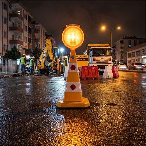 Yuvarlak Solar Sarı Flaşörlü Sarı Trafik Konisi Seti
