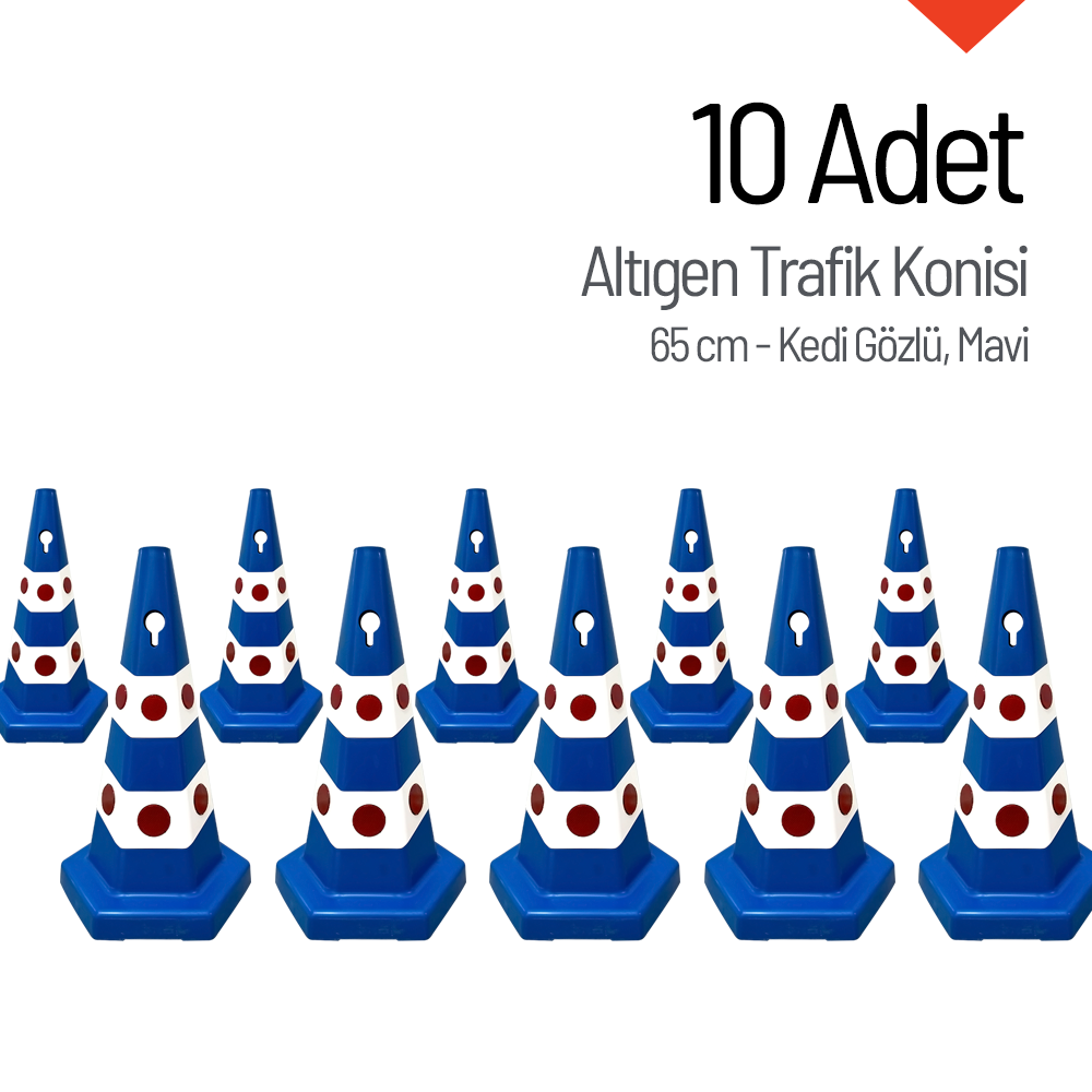 10 Adet Kedi Gözlü Mavi Altıgen Trafik Konisi 65 cm Trafik Dubası SetiTrafik Konisi PPC 50-60-75 cm