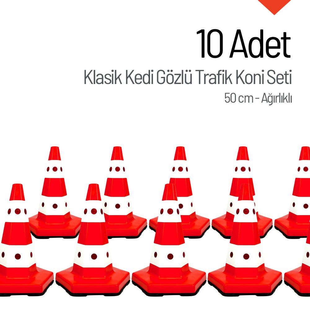 10 Adet Klasik Kedi Gözlü Trafik Konisi 50 cm Trafik DubasıTrafik Konisi PPC 50-60-75 cm