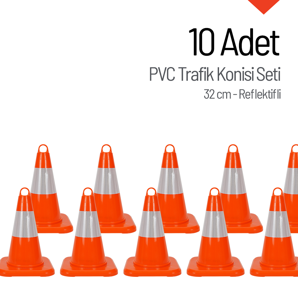 10 Adet PVC Trafik Konisi 32 cm Reflektifli Trafik Dubası SetiTrafik Konisi PVC 50 cm