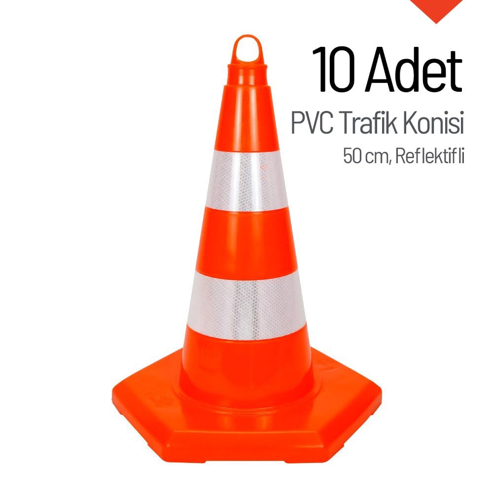 10 Adet PVC Trafik Konisi 50 cm Reflektifli 6 Kenar Trafik Dubası