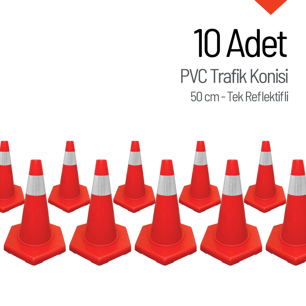10'lu PVC Trafik Konisi Seti 50 cm Tek Reflektifli Trafik DubasıTrafik Konisi PVC 50 cm