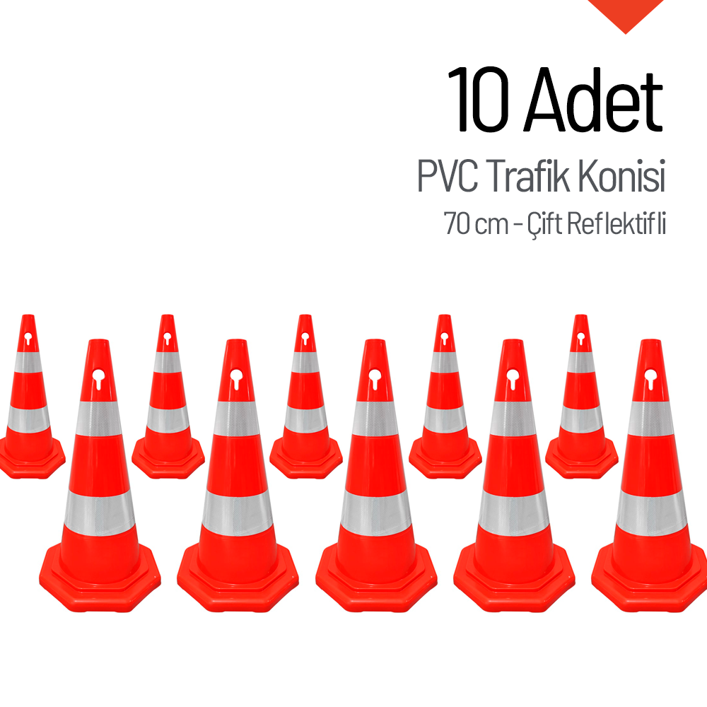 10'lu PVC Trafik Konisi Seti 70 cm Çift Reflektifli Sekizgen Trafik Dubası