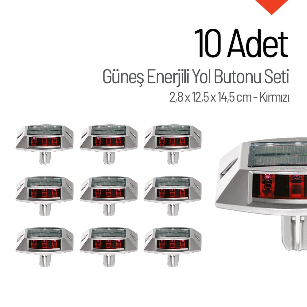 10'lu Set Kırmızı Güneş Enerjili Çakar Yol Butonu, Ankrajlı