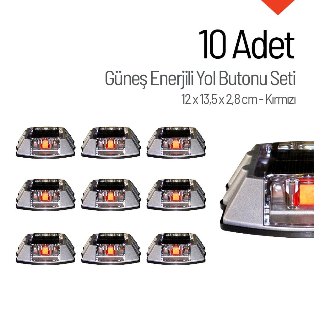 10'lu Set Kırmızı Solar Çakar Yol Butonu, Poliüretan Taban