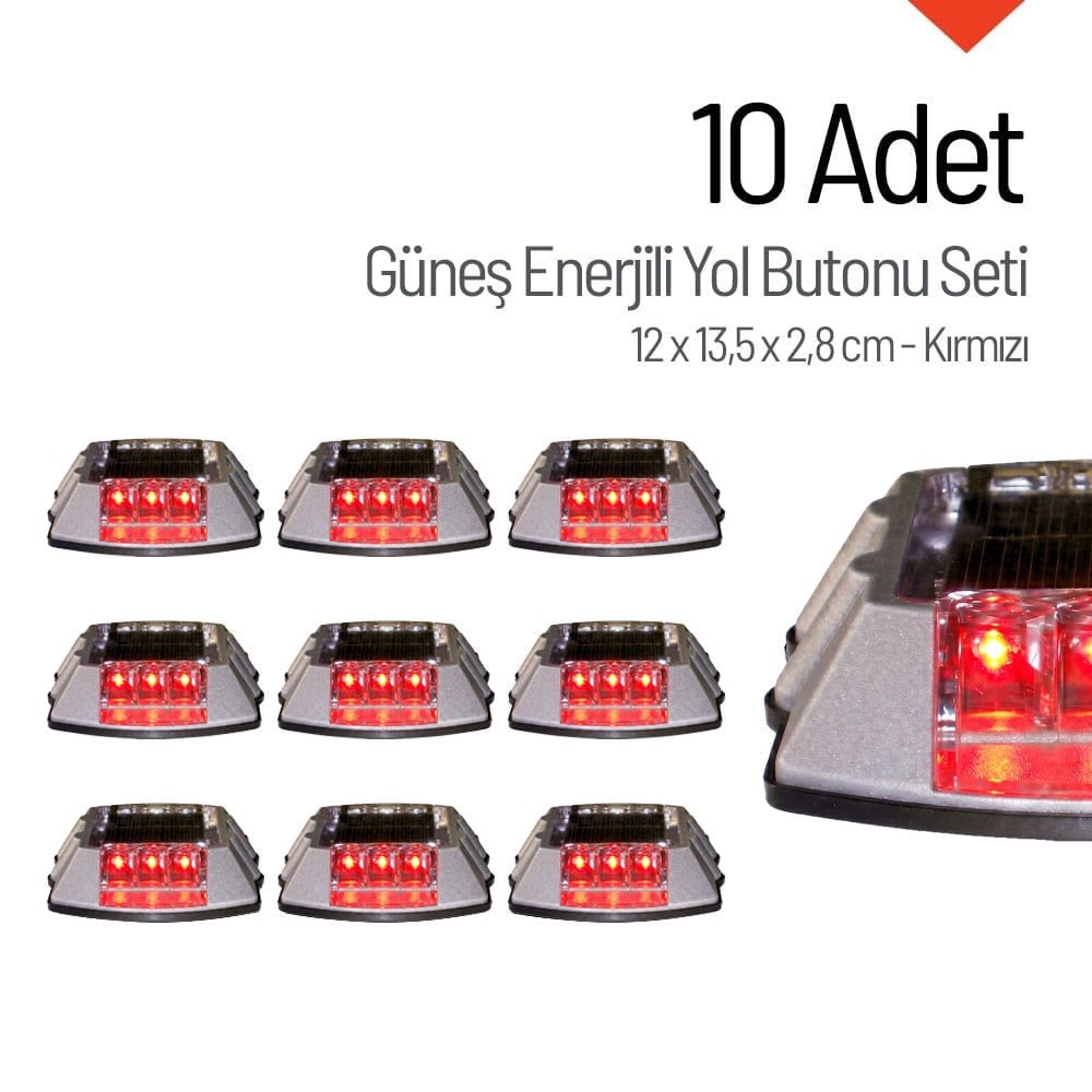 10'lu Set Kırmızı Solar Çakar Yol Butonu, Poliüretan TabanSolar Yol Butonu