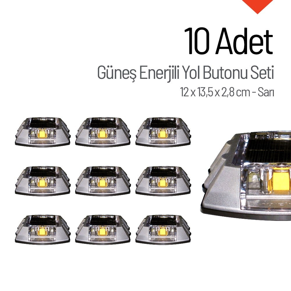 10'lu Set Sarı Solar Çakar Yol Butonu, Poliüretan Taban