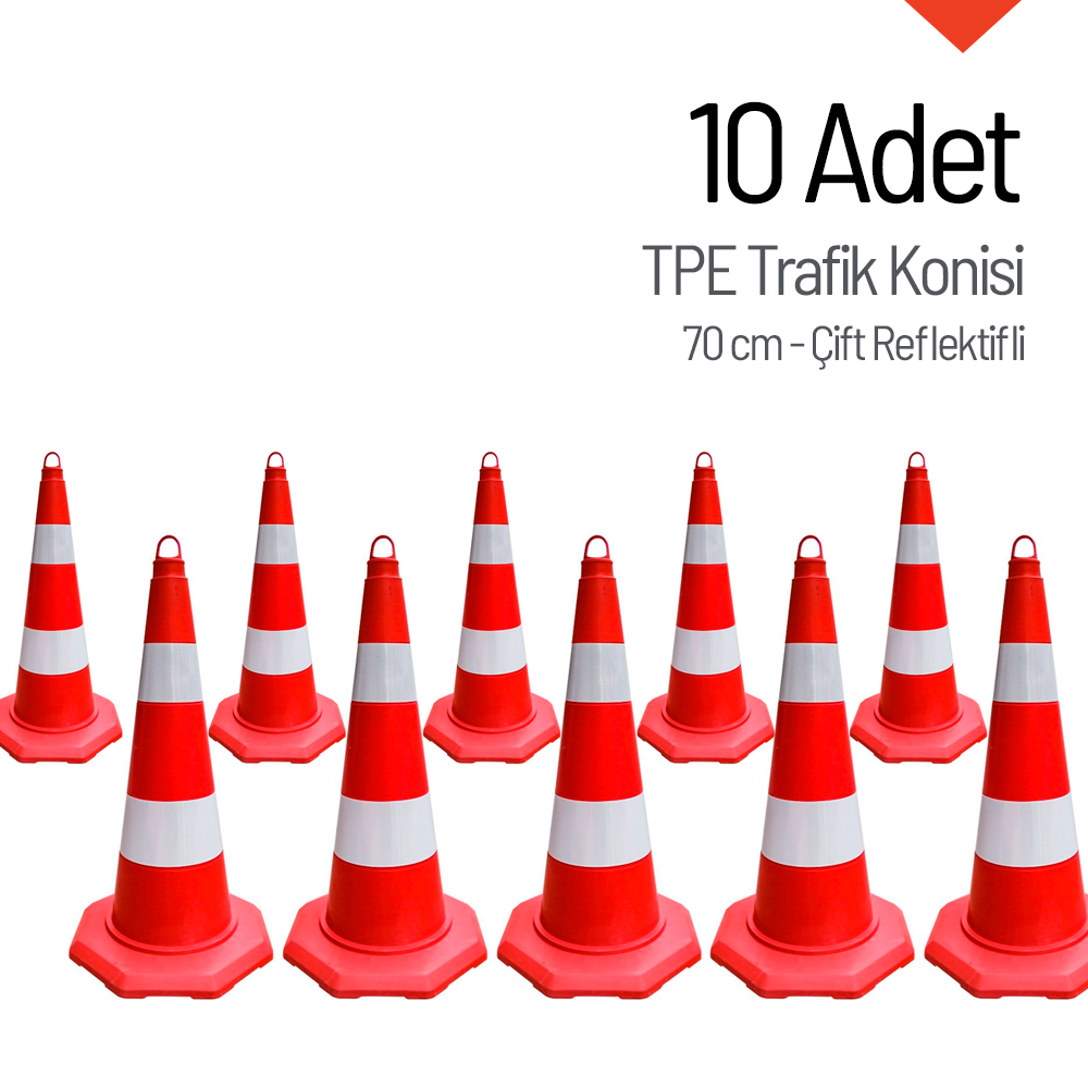 10'lu TPE Trafik Konisi Seti 70 cm Çift Reflektifli Trafik DubasıTrafik Konisi PPC 50-60-75 cm