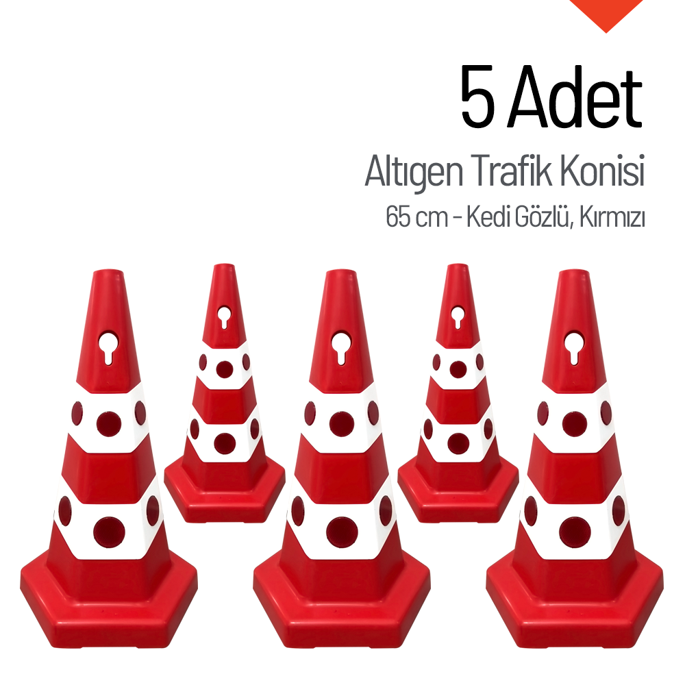 5 Adet Kedi Gözlü Altıgen Trafik Konisi 65 cm Trafik Dubası SetiTrafik Konisi PPC 50-60-75 cm