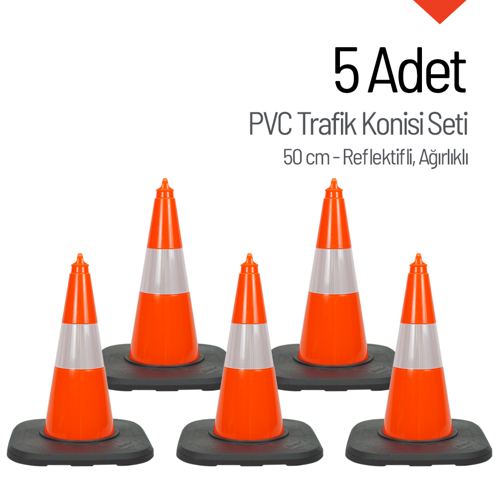 5 Adet PVC Trafik Konisi 50 cm Reflektifli Ağırlıklı Trafik Dubası SetiTrafik Konisi PVC 50 cm