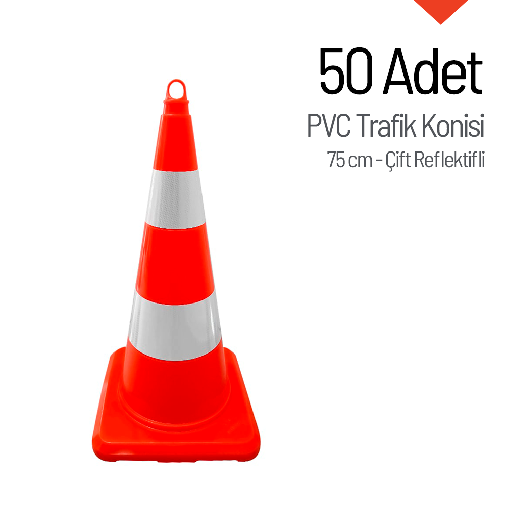 50 Adet PVC Trafik Konisi 75 cm Çift Reflektifli Trafik DubasıTrafik Konisi PVC 75 cm