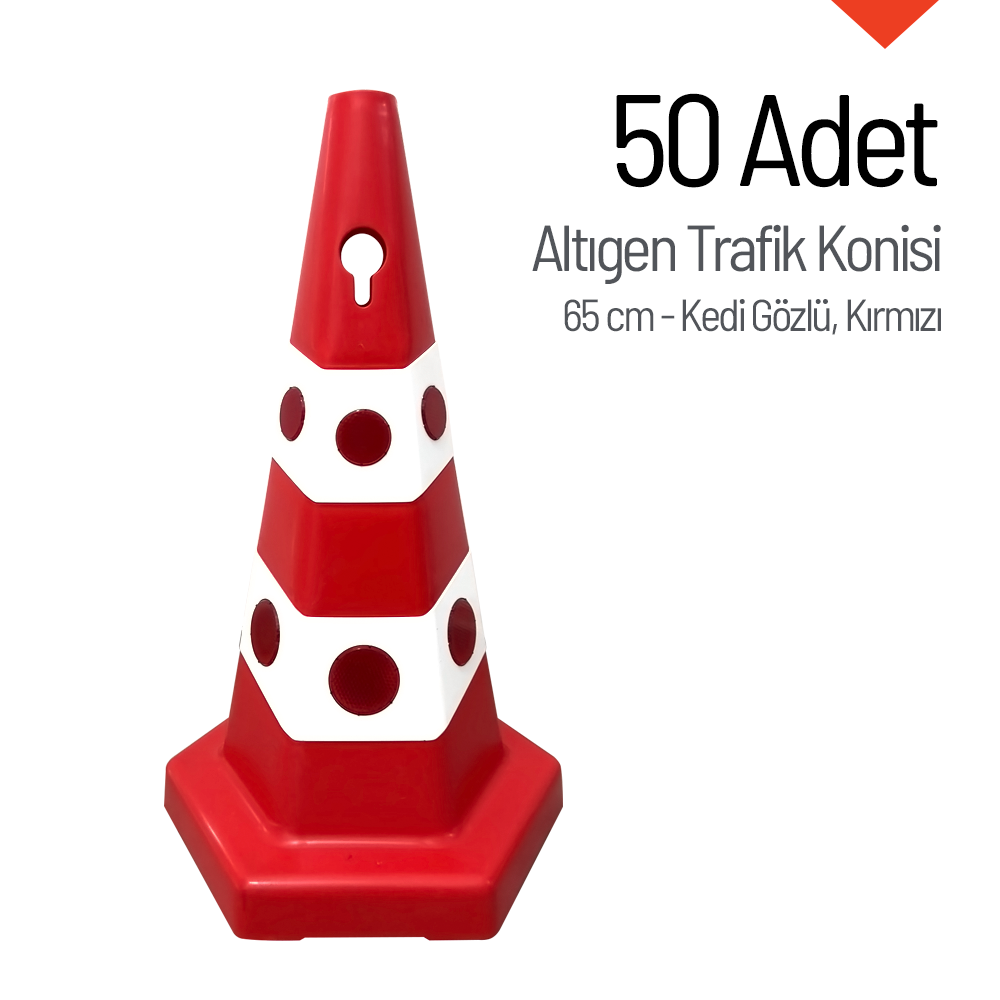 50'li Kedi Gözlü Kırmızı Altıgen Trafik Konisi Seti 65 cm Trafik DubasıTrafik Konisi PPC 50-60-75 cm
