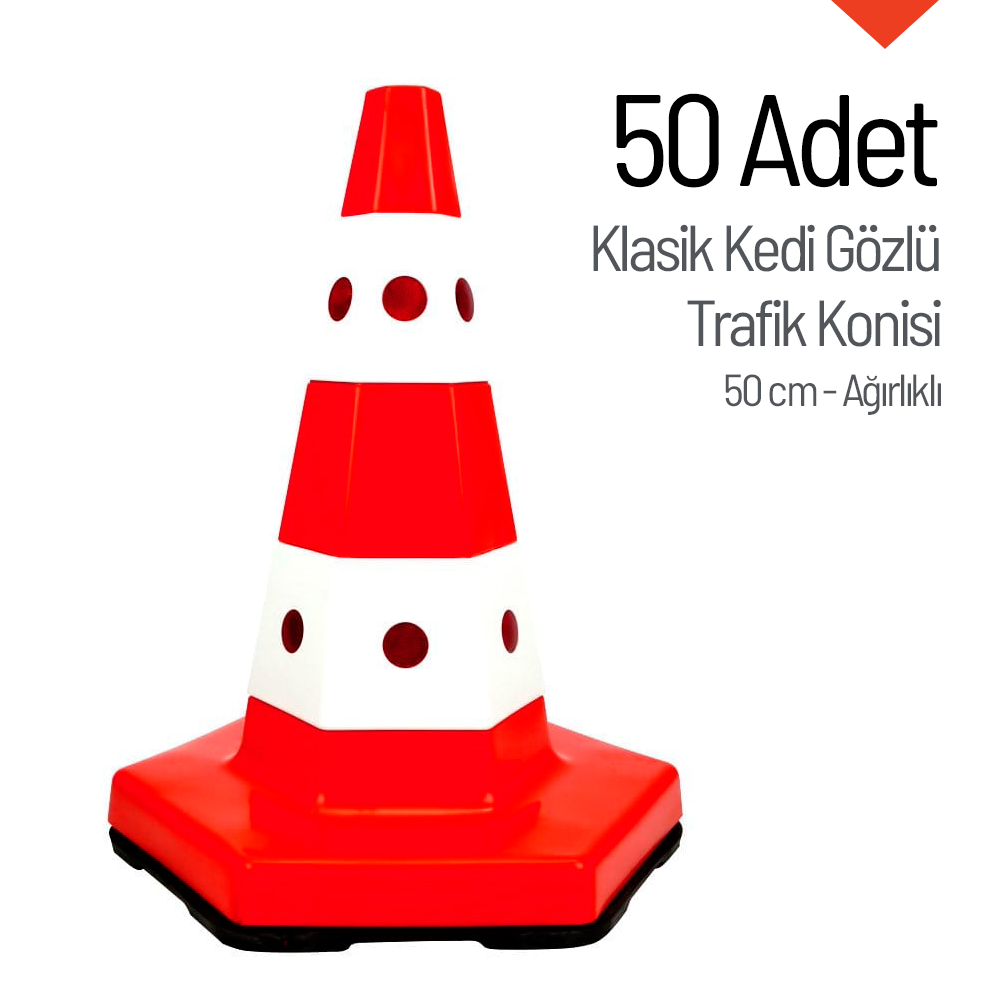 50'li Klasik Kedi Gözlü Trafik Konisi Seti 50 cm Ağırlıklı Trafik Dubası