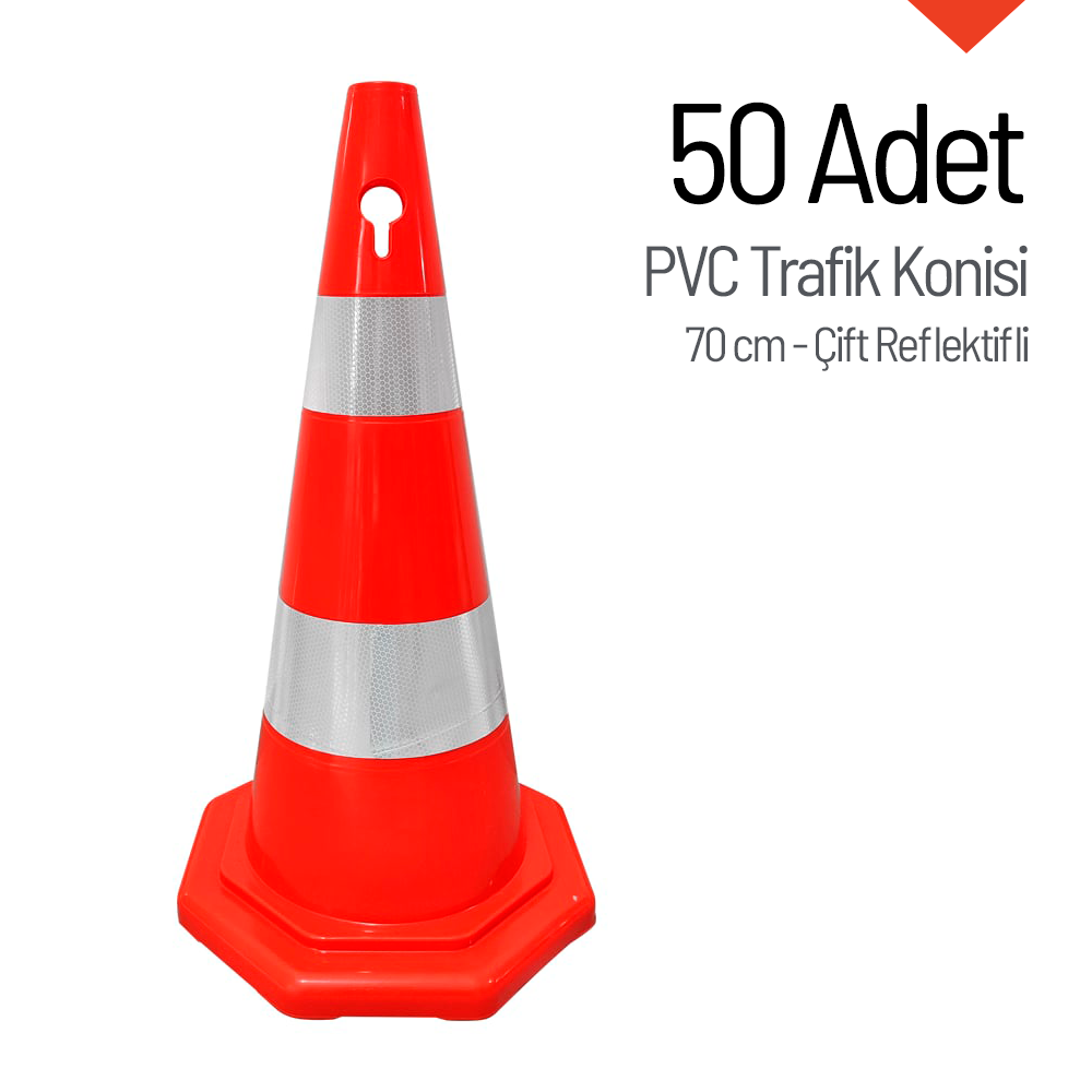 50'li PVC Trafik Konisi Seti 70 cm Çift Reflektifli Sekizgen Trafik Dubası