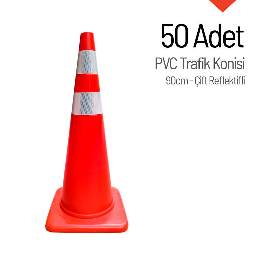 50'li PVC Trafik Konisi Seti 90 cm Çift Reflektifli Trafik Konisi PVC 90 cm