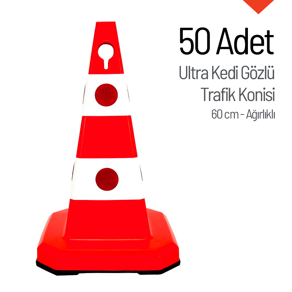 50'li Ultra Kedi Gözlü Trafik Konisi Seti Ağırlıklı 60 cm Trafik DubasıTrafik Konisi PPC 50-60-75 cm