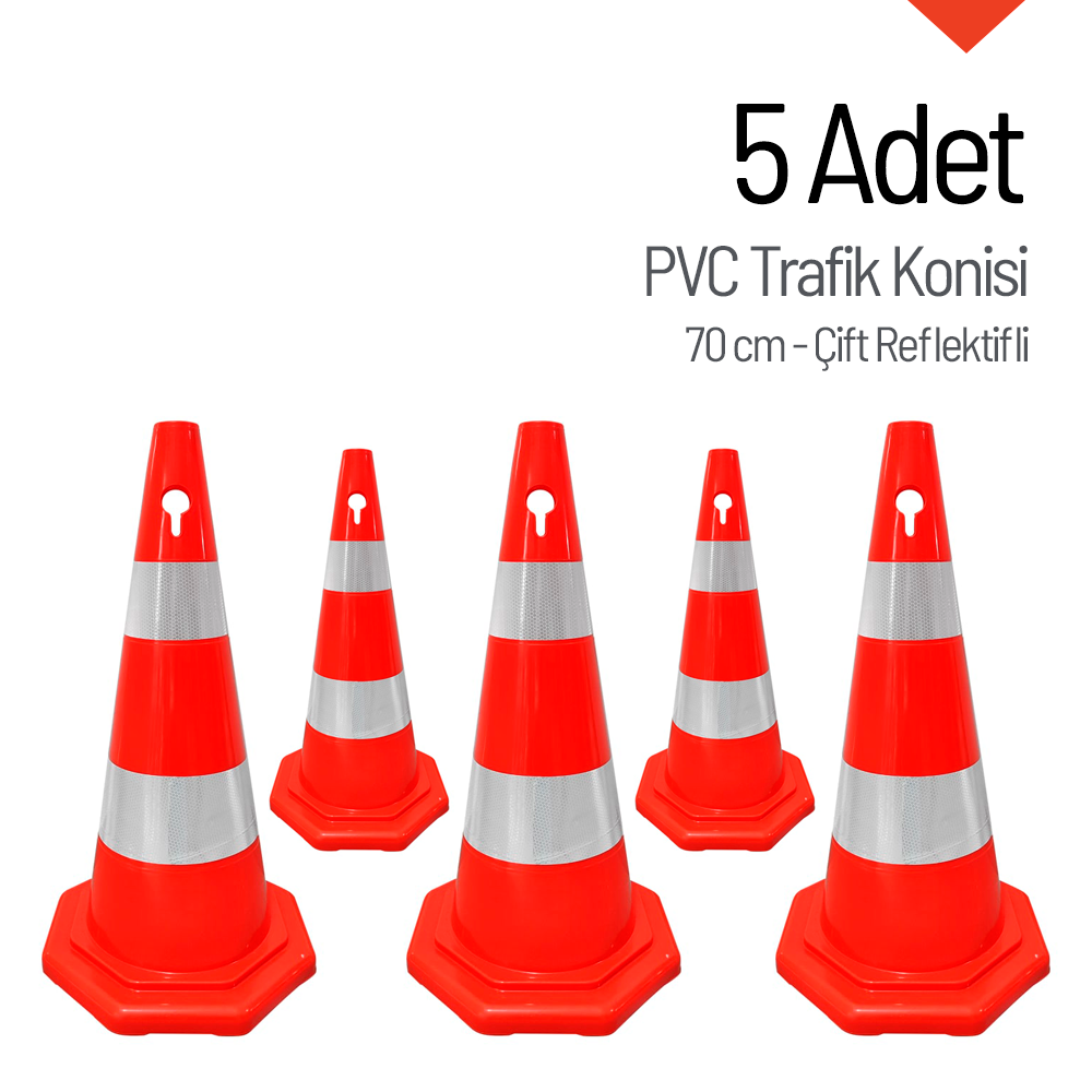 5'li PVC Trafik Konisi Seti 70 cm Çift Reflektifli Sekizgen Trafik Dubası