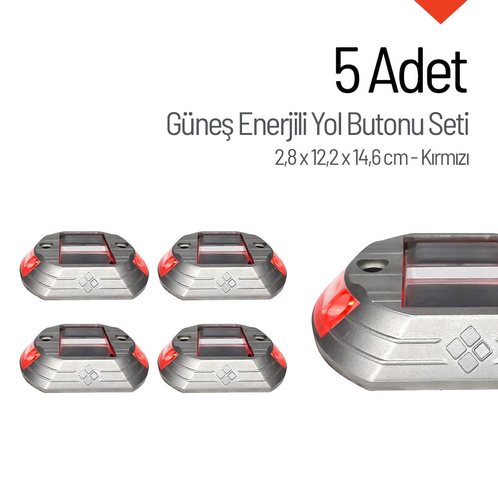 5'li Set Kırmızı Güneş Enerjili Yol Butonu, Solar Çakar ButonSolar Yol Butonu