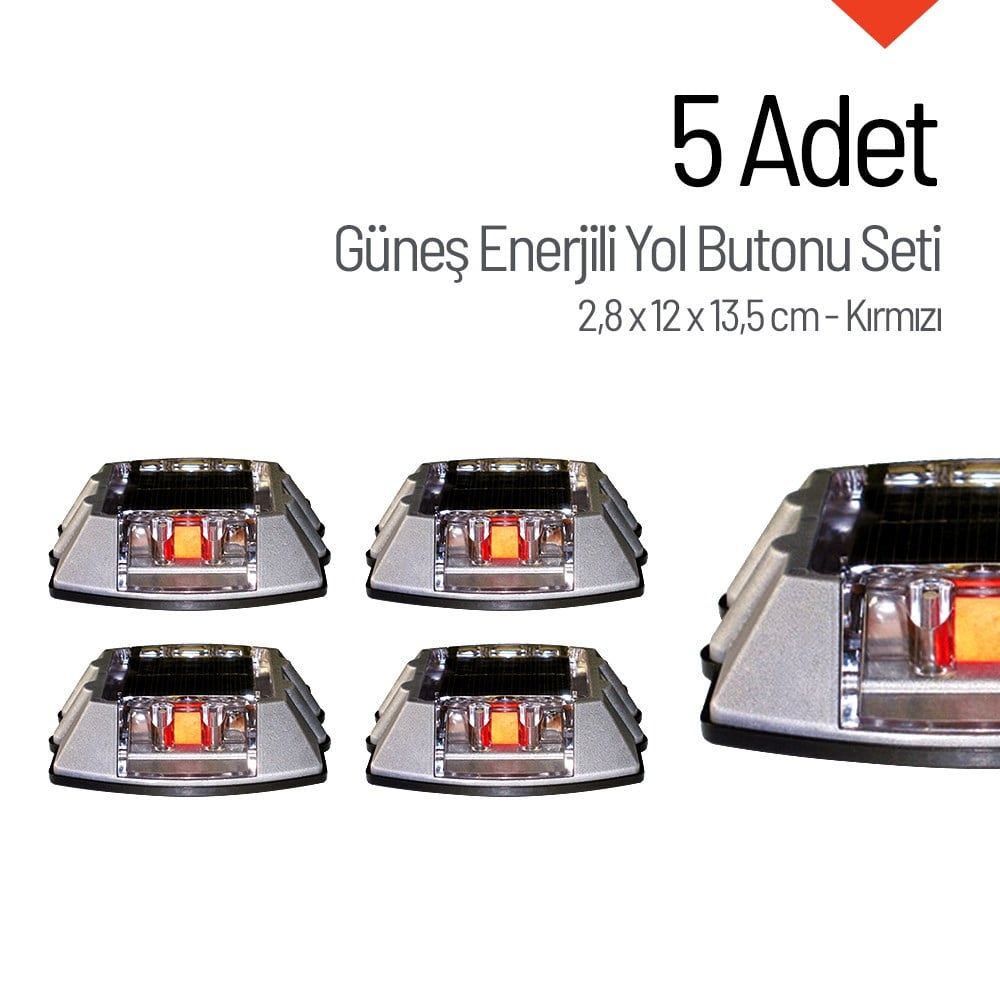5'li Set Kırmızı Solar Çakar Yol Butonu, Poliüretan TabanSolar Yol Butonu