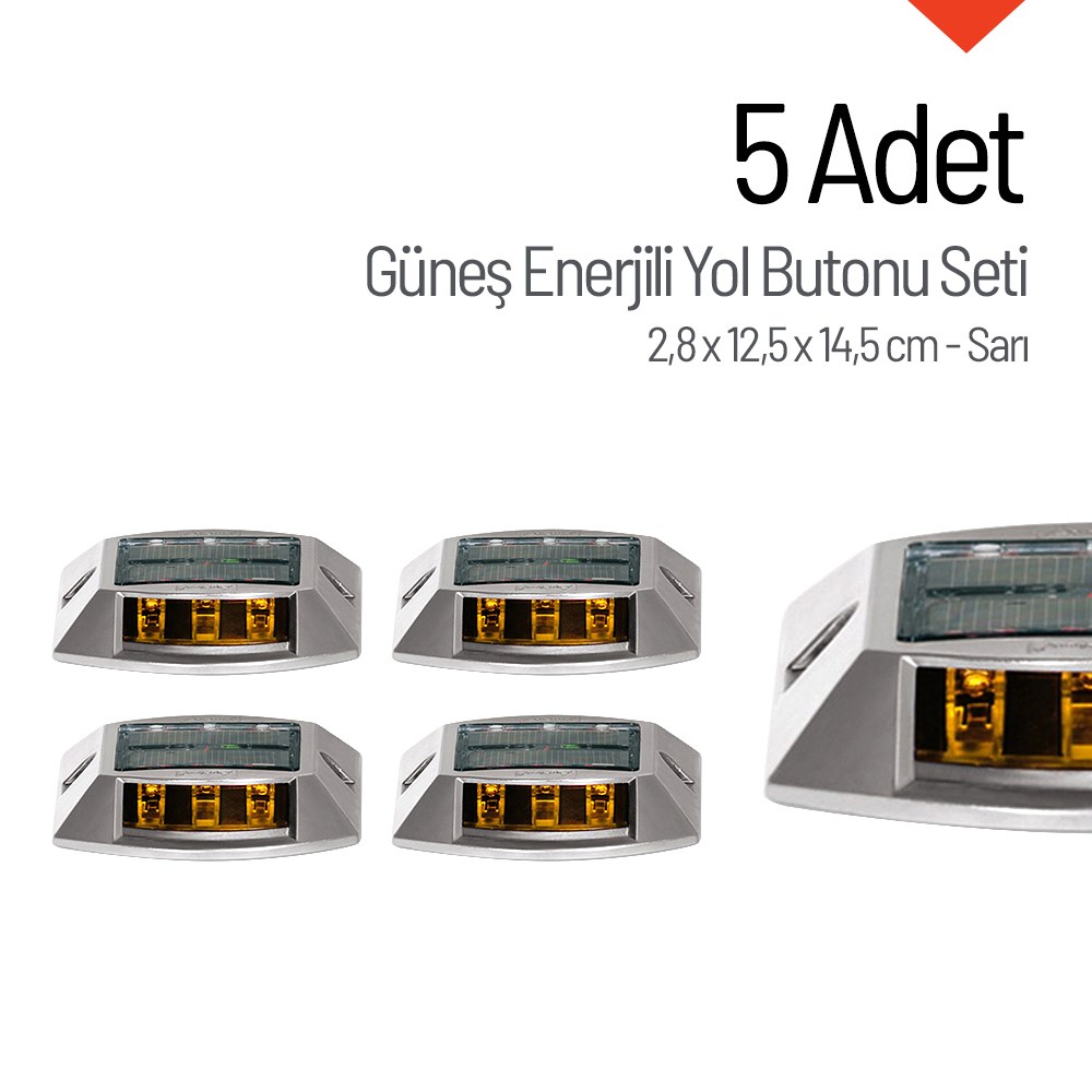 5'li Set Sarı Solar Yol Butonu 3x3 Ledli